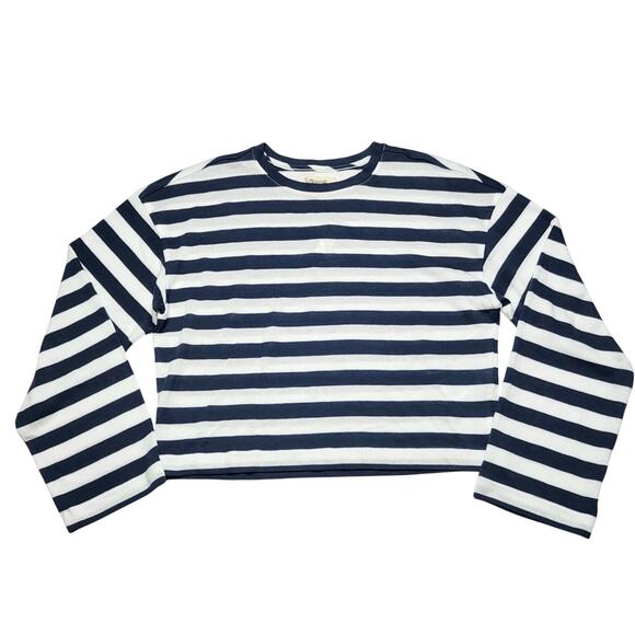 Madewell Drop Shoulder Pullover Crop Tee Navy Blue White Stripe Crew Neck Small - Picture 3 of 8